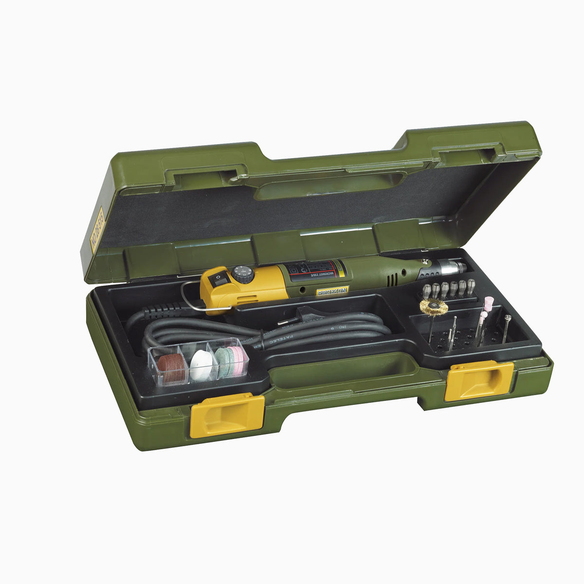 Proxxon Micromot 60/EF (longitud 220 mm, peso 230 g, potencia 40 W, voltaje 12-18 V, con fuente de alimentación y 43 herramientas, taladro manual, lijadora, fresadora) 28514