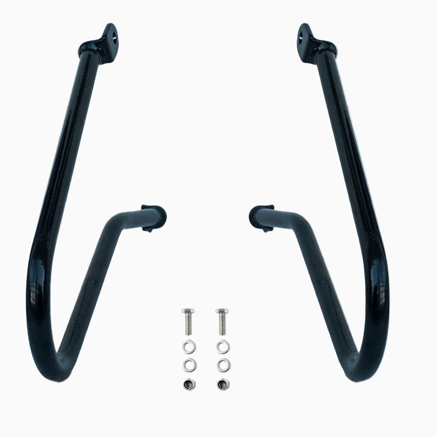 Black metal bike stand with mounting hardware on a white background